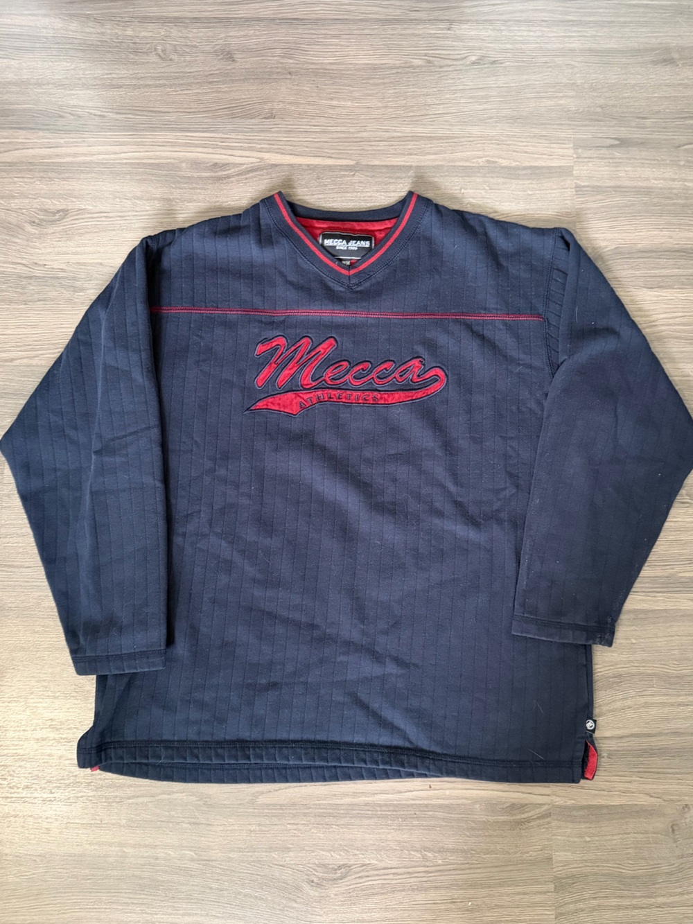 Vintage Navy Mecca Athletics Textured Striped Crewneck Sweatshirt with Spellout